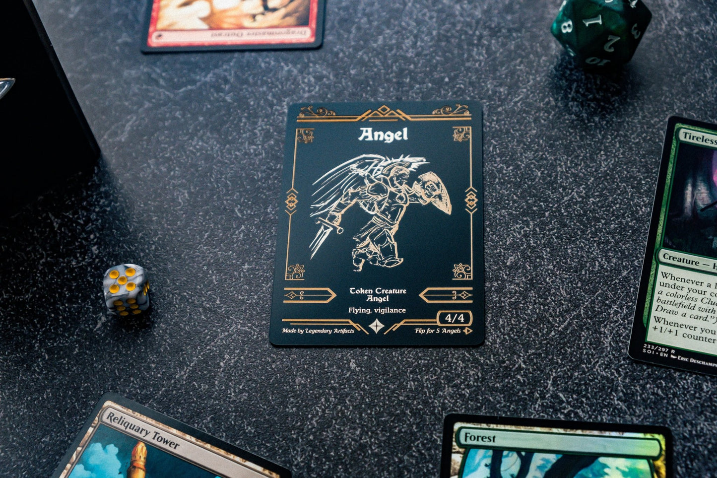 Engraved Steel Angel Token (with Vigilance), Double Sided - Legendary Artifacts