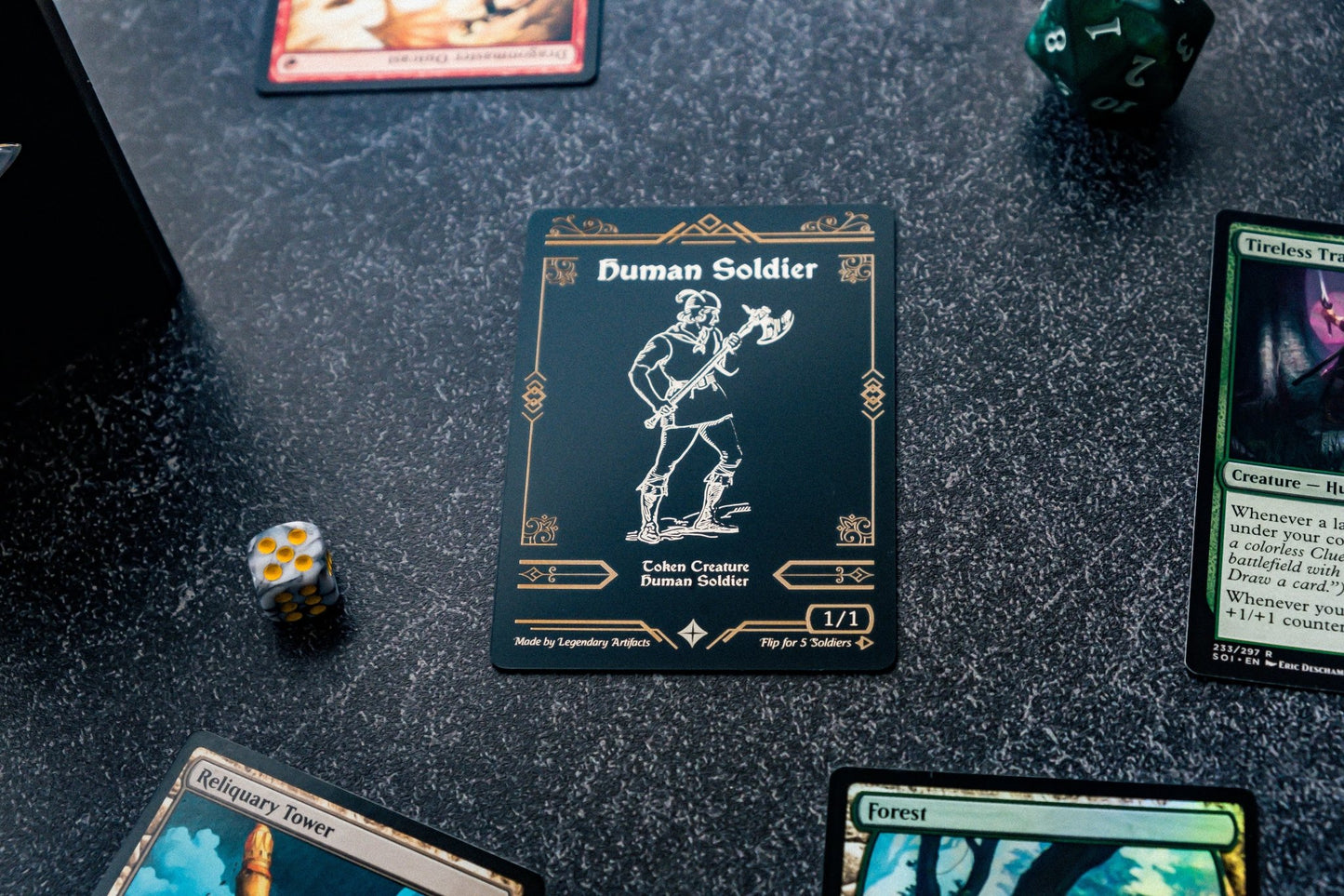 Engraved Steel Human Soldier Token, Double Sided - Legendary Artifacts